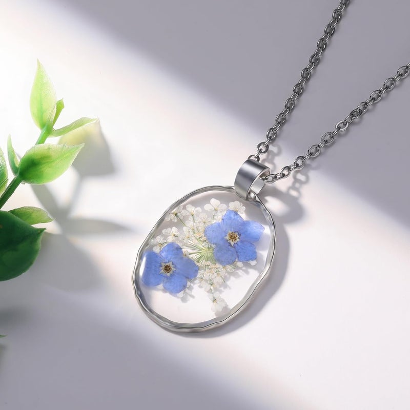 AUNTESIGN Store Forget-Me-Not and Queen Anne's Lace Pressed Wildflower Necklace | Birth Month Real Flower Necklace | Gold/Silver Pressed Flower Jewelry | Personalized Handmade Jewelry - Image 2